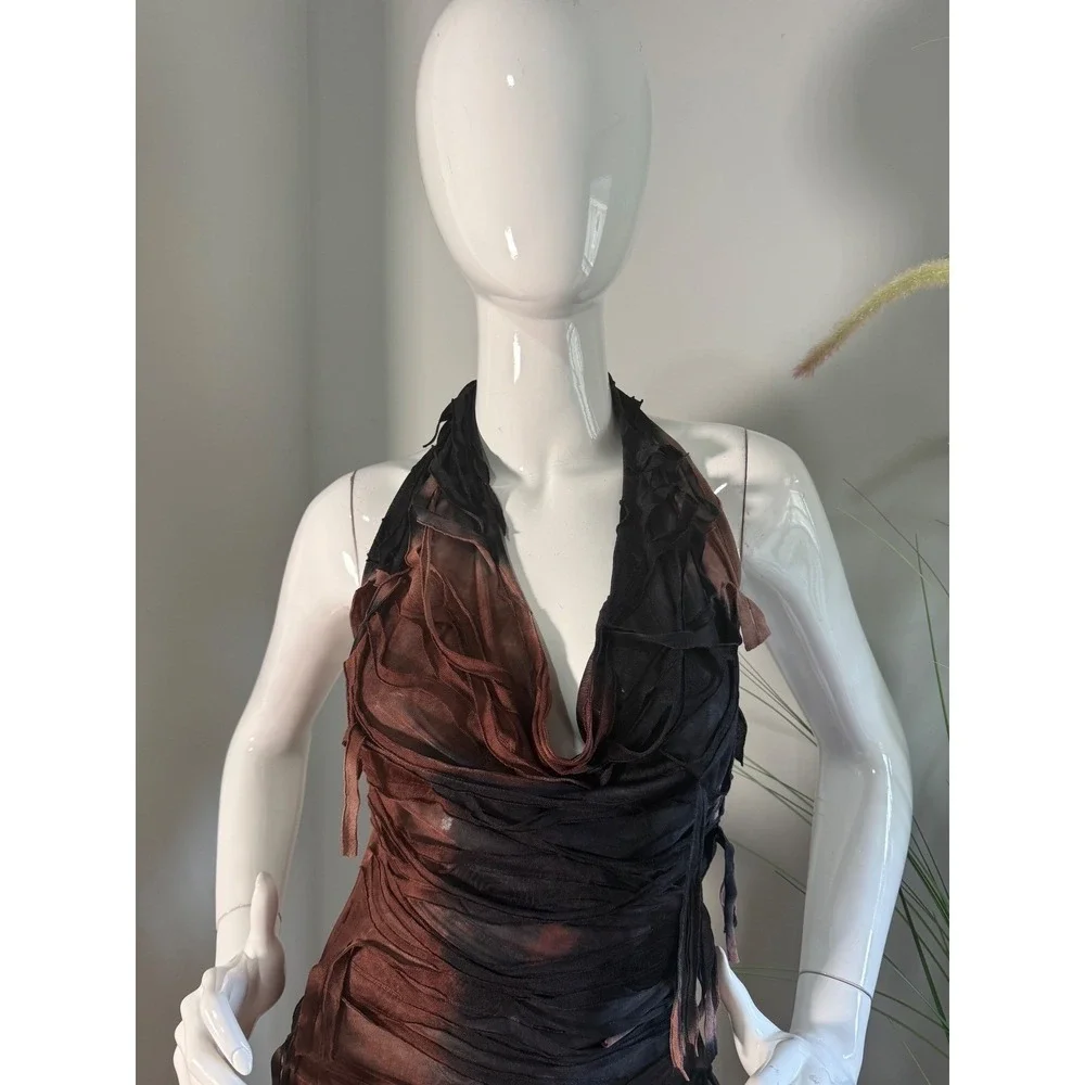 Micas Edgy Sheer Distressed Halter Mini Dress Backless Sexy Brown Black Mesh M‎